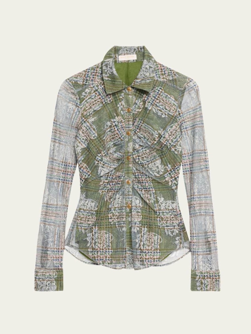 Ramy Brook Hamilton Shirt, Green Multi-Pattern Button-Down Shirt